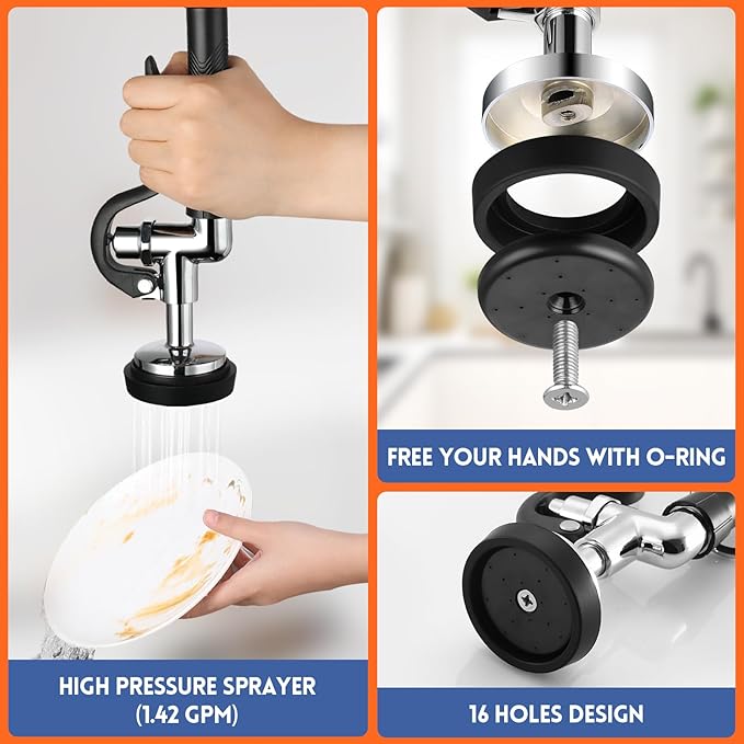 25" Height Commercial Faucet Wall Mount with Sprayer 8" Adjustable Center 12" Swing Spout, Wall Mount Kitchen Sink Faucet with Pull Down Pre-Rinse Sprayer for 1/2 Compartment Sink