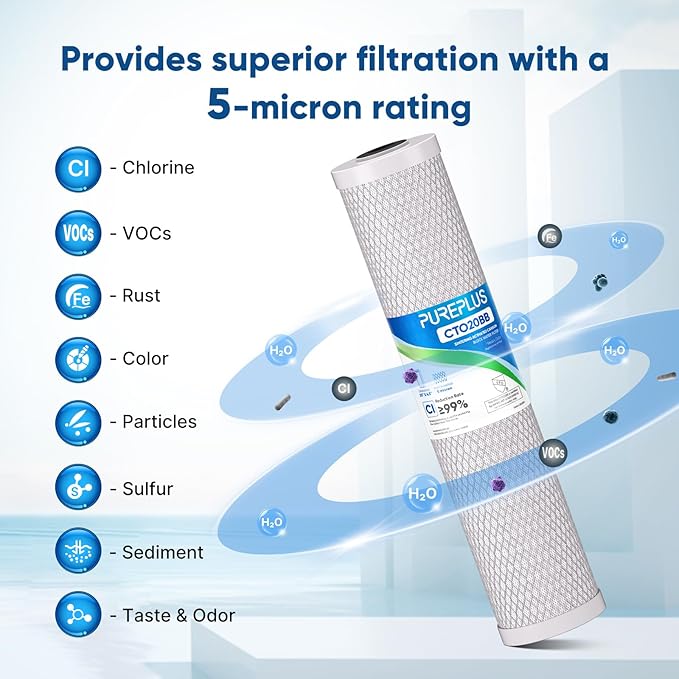 PUREPLUS 5 Micron 20" x 4.5" Whole House Coconut Shell Activated Carbon Water Filter Replacement Cartridge, Compatible with FC25B, EPM-20BB, CB-BB-20, 155783-43, 1 Pack