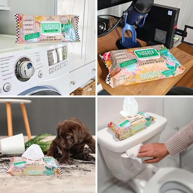 3 Packs Surface Cleaning Wipes Bleach Free, Thick & Large Dispose, All-Purpose Cleaner for Bathroom, Kitchen, Office, 300 Count Soft Flow, Biodegradable, Juniper Scent