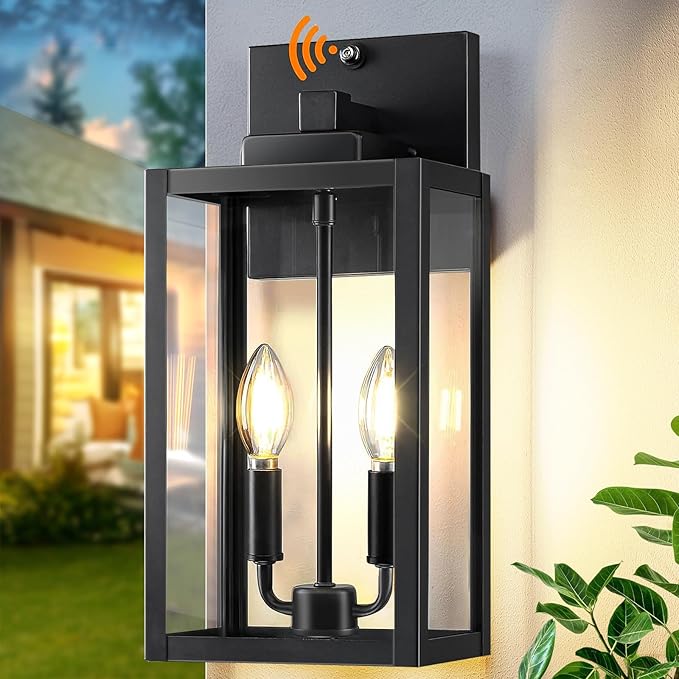 15.4" Dusk to Dawn Black Outdoor Wall Lantern 2-Light, Outside Modern Wall Sconce Light Fixture, Industrial Porch Light with E12 Sockets, Waterproof Exterior Lamp Lighting, 1 Pack