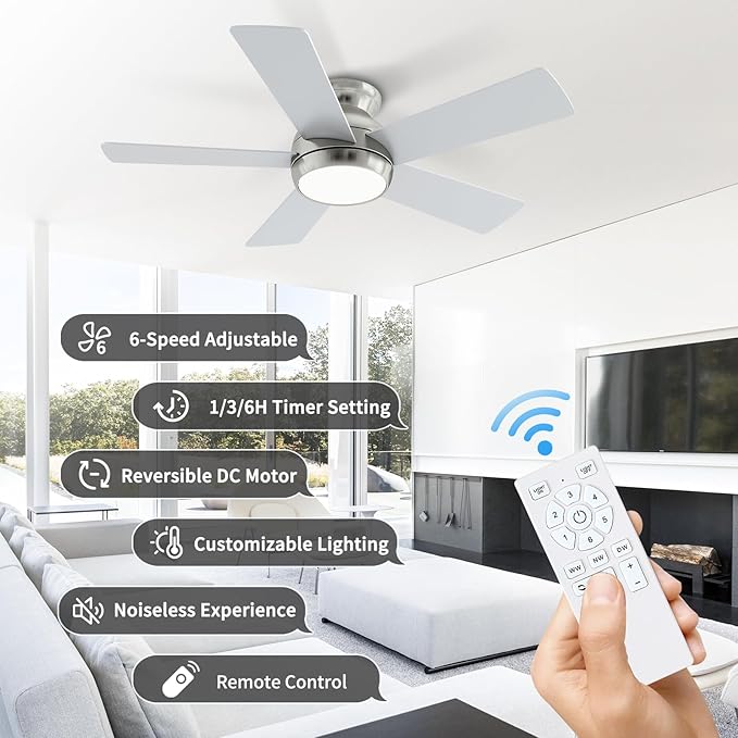 42 Inch Brushed Nickel Ceiling Fans with Lights and Remote, LED Low Profile Flush Mount Ceiling Fan for Bedroom, Living Room, Patio, Quiet DC Motor, 5 Blades