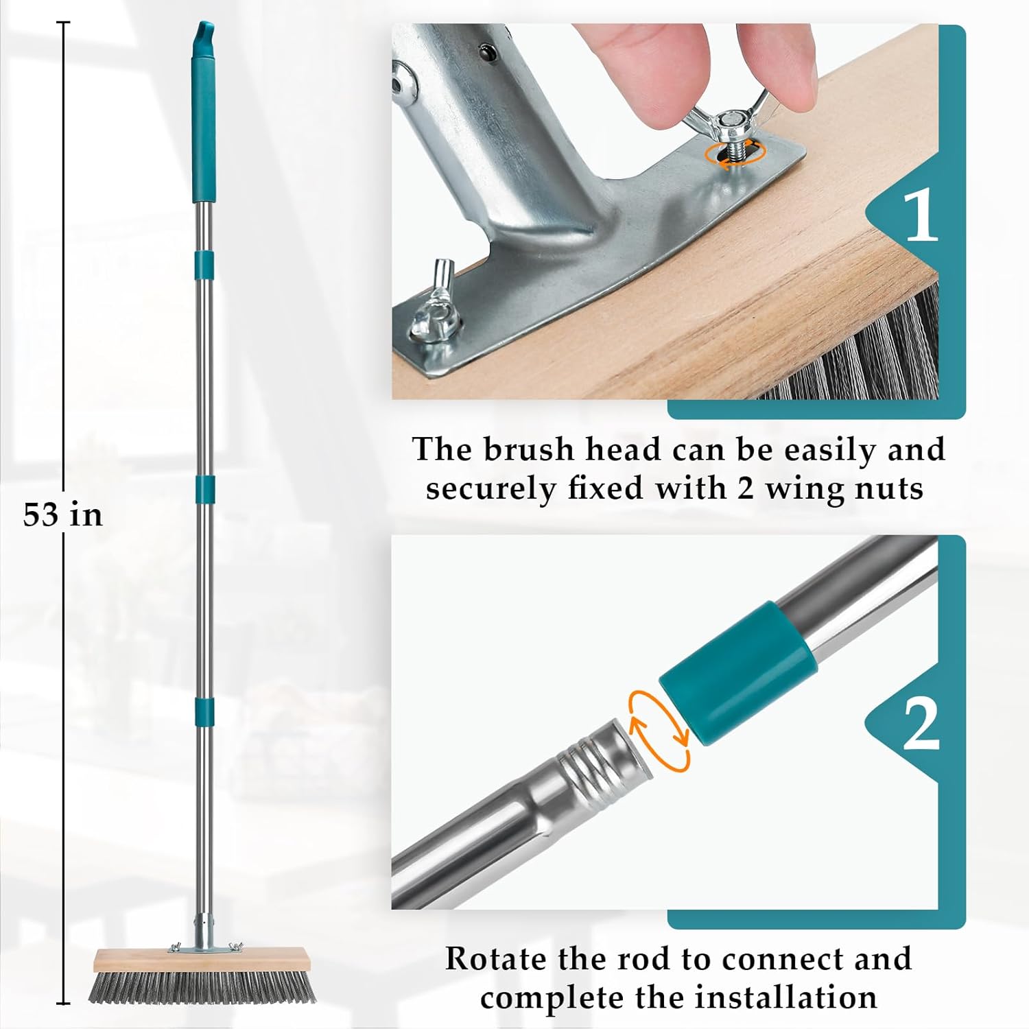 Stainless Steel Deck Scrub Brush with Long Handle, Outdoor Broom for Concrete, Deck, Cement Floor Cleaning, 53" Long Handled Heavy Duty Floor Scrubber