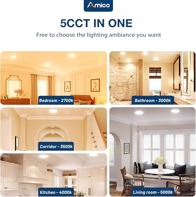 Amico 24 Pack 8 Inch 5CCT Ultra-Thin LED Recessed Ceiling Light with Junction Box, 2700K/3000K/3500K/4000K/5000K Selectable, 18W Eqv 125W, Dimmable Canless Wafer Downlight, 1500LM High Brightness -ETL