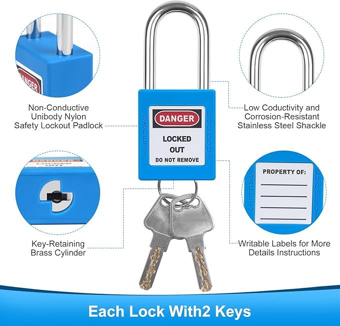 5pcs Blue Loto Locks Set - Keyed Different, 2 Keys Per Lock, OSHA Compliant Safety Padlocks for Electrical Lockout Tag Out Kits