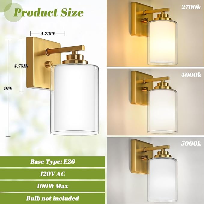 Set of 2 Wall Sconces for Bathroom, Modern Vanity Light Fixtures, Gold Wall Mount Lighting Lanterns, Farmhouse Wall Lights with Double Clear Glass Shade for Bedroom Living Room Mirror Hallway