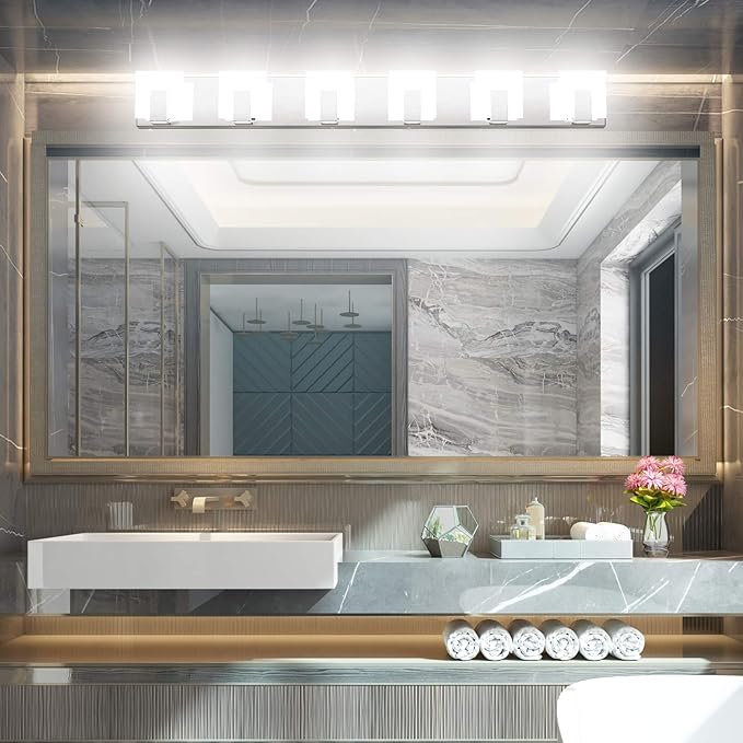 Aipsun 6 Lights Modern LED Bathroom Vanity Light Acrylic Stainless Steel Chrome Up and Down Bathroom Wall Light Over Mirror(White Light 6000K)