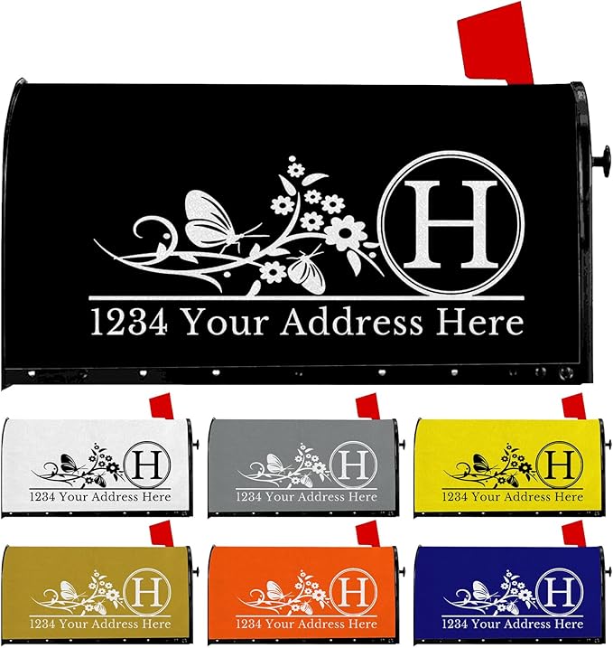 Butterfly Mailbox Covers Custom Numbers Address Personalized Monogram Mailbox Cover Magnetic Standard Size, Customized Wraps Post Letter Box Cover for Garden Yard Outside Decorations 18" X 21"