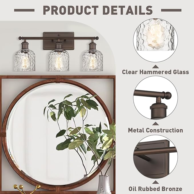 zeyu 3-Light Farmhouse Vanity Light Over Mirror, 21-inch Bathroom Light Fixtures with Hammered Glass Lampshade, Oil Rubbed Bronze Finish, ZJF63B-3W ORB