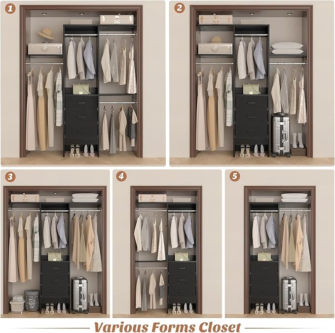 4FT Small Closet System with 3 Fabric Drawers, 48'' Closet Organizer System With 3 Adjustable Shelves, Flexible Built-In Clothes Garment Rack for Small Space, 48" L x 13" W x 71" H, Black