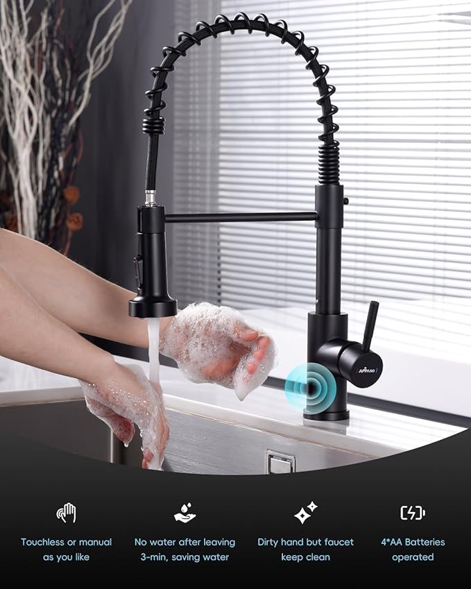 APPASO Black Touchless Kitchen Faucet with Soap Dispenser, Motion Sensor Activated Hands-Free Automatic Faucet for Sink with Pull Down Sprayer, Single Handle Smart Faucets for Kitchen Sink