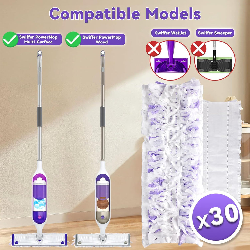 30 Pack Power Mop Pads Refills for Swiffer Power Mop | Heavy-Duty, Disposable Replacement Pads for Floor Cleaning, Multi-Surface & Wood Mopping Pad Refills (Unscented)