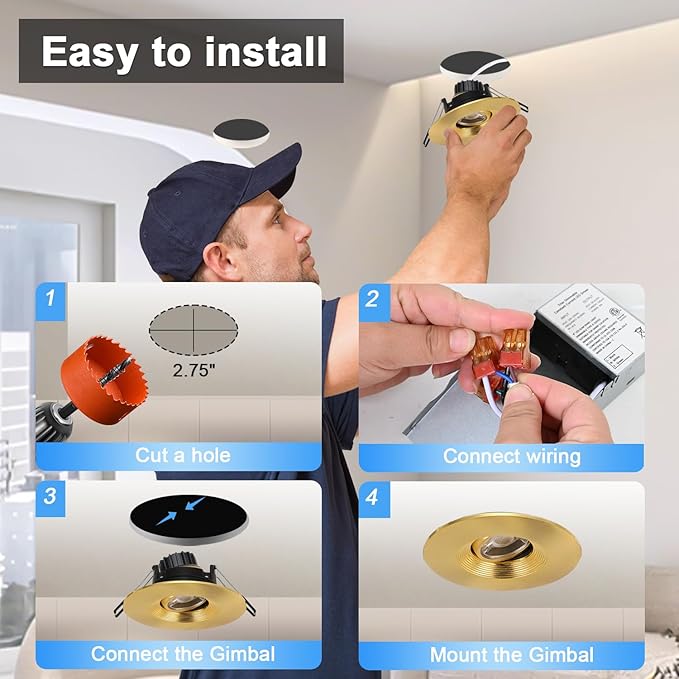 Premium 4-inch LED Recessed Lights - 5 CCT 4 Inch Eyeball Ceilling Gimbal Potlight, Dimmable Recessed Lights Fixture with Junction Box, 8W CCT Adjustable, Shiny Gold, with Baffle, 6P