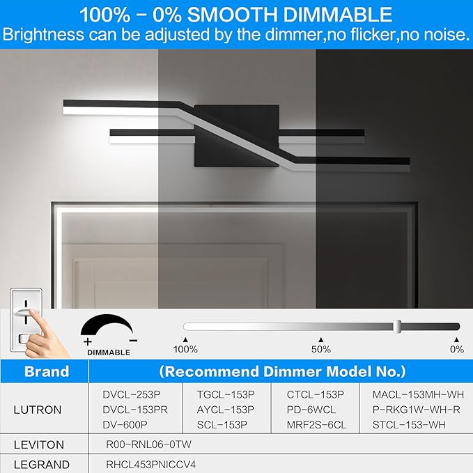 SOLFART Bathroom Light Fixtures Matte Black Dimmable LED Bathroom Vanity Lights Over Mirror 24 Inch Modern Wall Lights