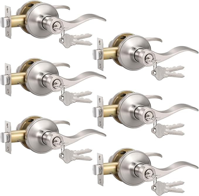 Knobonly 6 Pack Keyed Alike Bathroom/Bedroom Door Lock, Satin Nickel Front Door Handle, Exterior Door Handle, Same Key for Each Pack, Zinc Alloy