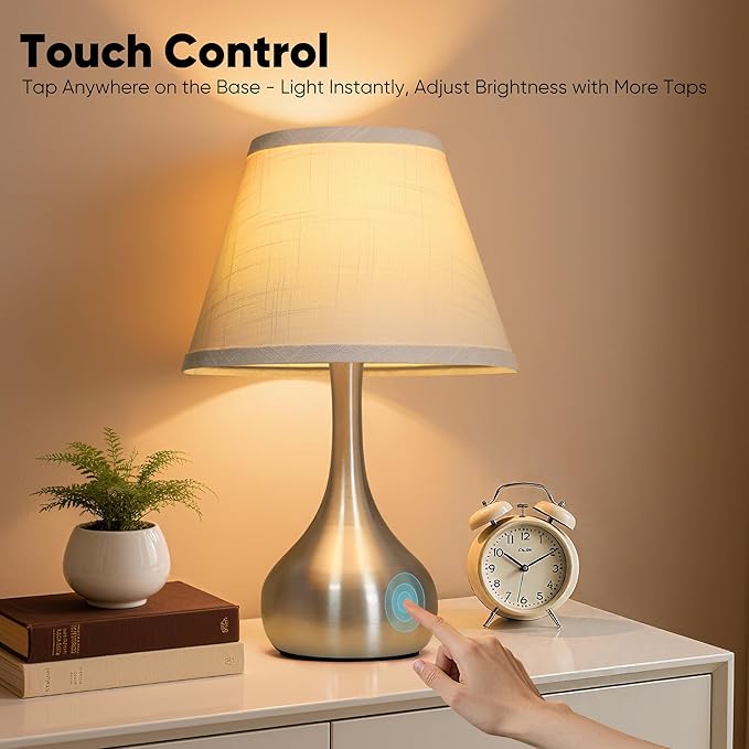 Touch Table Lamp for Bedroom Set of 2, 3-Way Dimmable Bedside Lamp for Nightstand, 17” Modern Metal Desk Lamp with Linen Shade for Living Room, Kids Reading, Dorm, Home Office Decor, Bulb Included