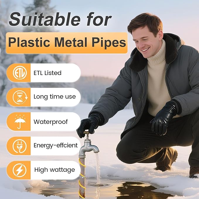 155 Ft Pipe Heat Cable for Water Pipe Freeze Protection, Self-Regulating Heat Tape for Metal and Plastic Pipes, Anti-Freeze Pipe Heating Trace System 6W/Ft 120V