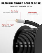 NAOEVO 20 Gauge Wire 300ft, 20 AWG Wire 6 Colors 50ft Each Spool, Flexible Silicone Tinned Copper Electrical Cable, Wiring kit for Breadboard/Automotive/DIY/Battery, 200℃