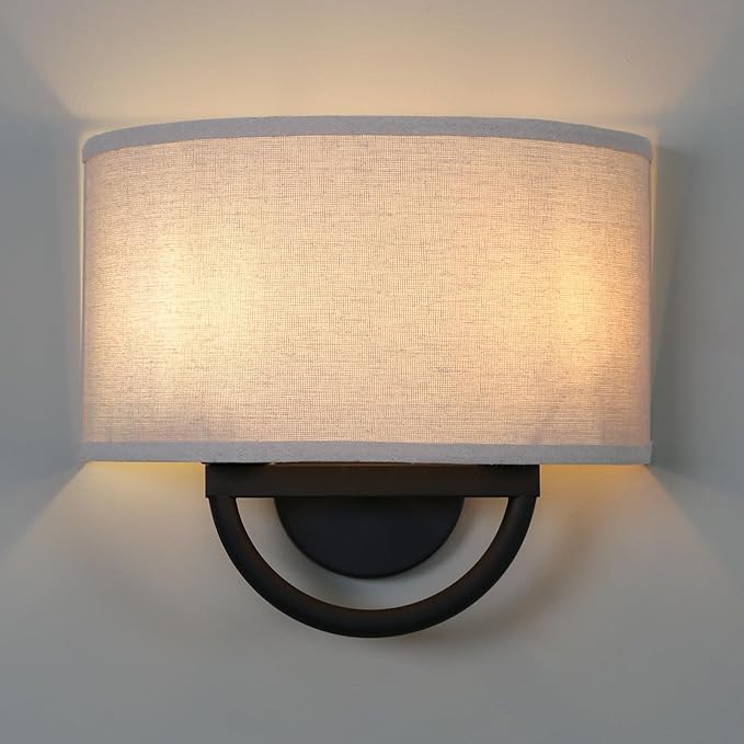 Yosoan 2-Light Linen Fabric Cloth Boho Wall Sconce Hallway Fixture Light, Dual Indoor Hardwired Vanity Vintage Wall Mount Lighting Semicircle Fabric Lamp Shade for Bedroom Stairwell Study Gallery