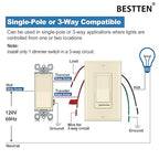 BESTTEN 2 Pack Almond Dimmer Wall Light Switch, Compatible with Dimmable LED, CFL, Incandescent and Halogen Bulb, Single Pole or 3-Way Dimmer Switches, 120VAC, Decorator Wall Plate Included,