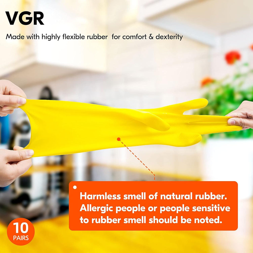 Vgo... 10-Pairs Reusable Household Gloves, Rubber Dishwashing gloves, Extra Thickness, Long Sleeves, Kitchen Cleaning, Working, Painting, Gardening, Pet Care (Size XL, Yellow, HH4601)