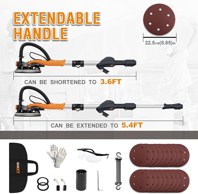 MAXXT Drywall Sander with Vacuum Dust Collection, 6 Variable Speed Foldable Telescopic Electric Wall Sander, Popcorn Ceiling Removal Tool, 1900RPM Power Sander Tool, LED Light, 18Pcs Sanding Discs