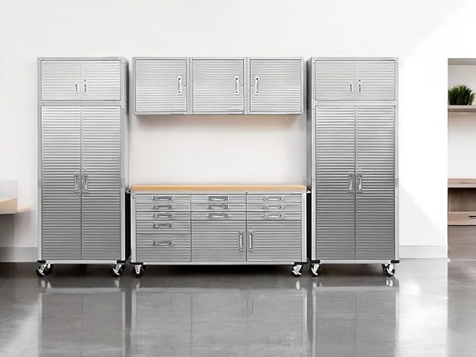 Heavy Duty 8-Piece Steel Garage Cabinet Storage Set with Rolling Workbench, 12 Feet Wide (Granite)