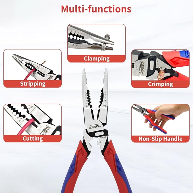 Needle Nose Pliers, Long Needle Nose Pliers with Wire Stripper and Crimper, 8.4 Inch Long Lose Pliers, 5-in-1 Needle Nose for Bending, Crimping, and Stripping