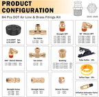 CheeMuii 80 PCS Brass DOT Air Line Fittings with 100FT 1/4" and 100FT 3/8" DOT Air Line Kit Push Lock Air Fitting Quick Connect & NPT Thread Fittings with Pneumatic Tubing