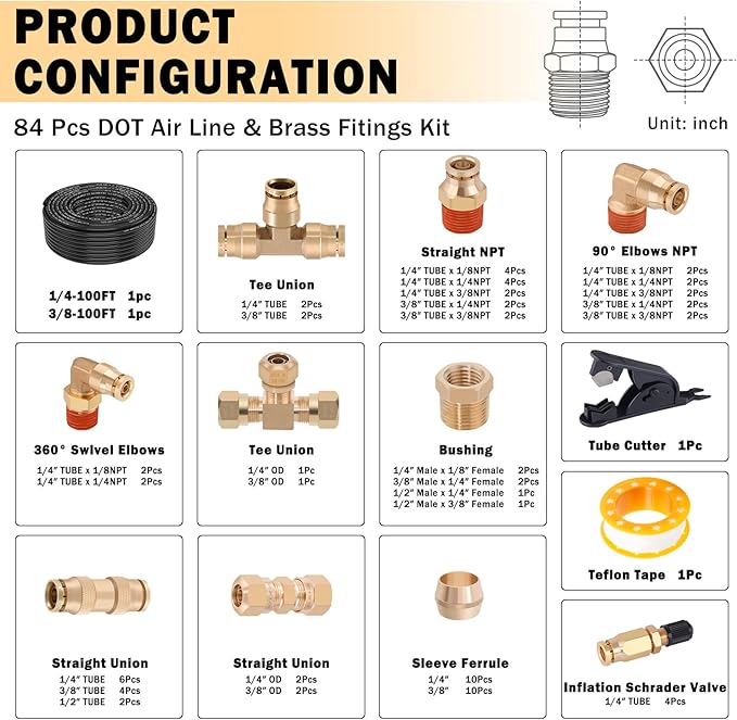 CheeMuii 80 PCS Brass DOT Air Line Fittings with 100FT 1/4" and 100FT 3/8" DOT Air Line Kit Push Lock Air Fitting Quick Connect & NPT Thread Fittings with Pneumatic Tubing
