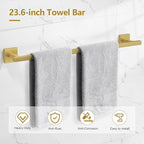 TQKAG 5-Pieces Brushed Gold Bathroom Hardware Accessories Set 23.6" SUS304 Stainless Steel Towel Bar Set Wall Mounted Square Toilet Paper Holder with Shelf