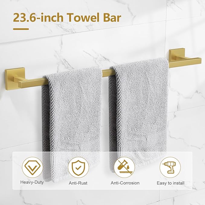 TQKAG 5-Pieces Brushed Gold Bathroom Hardware Accessories Set 23.6" SUS304 Stainless Steel Towel Bar Set Wall Mounted Square Toilet Paper Holder with Shelf