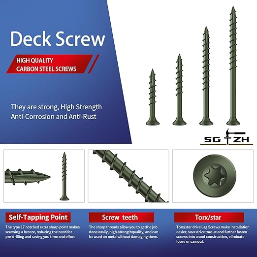 #14 x 6 Inch Deck Screws (200Pcs) 8lb. Exterior Wood Screws. Carbon Steel, Green, Flat Head, Rust Resistant epoxy Coated, with T30 Star Bit