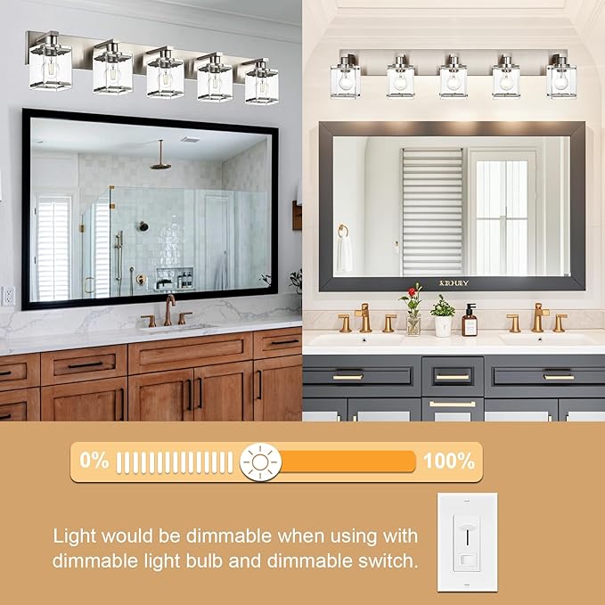 5-Lights Brushed Nickel Bathroom Wall Light with Clear Glass Shade, E26 Bulb Base Vanity Lighting Fixtures Over Mirror for Kitchen Cabinet Bedroom