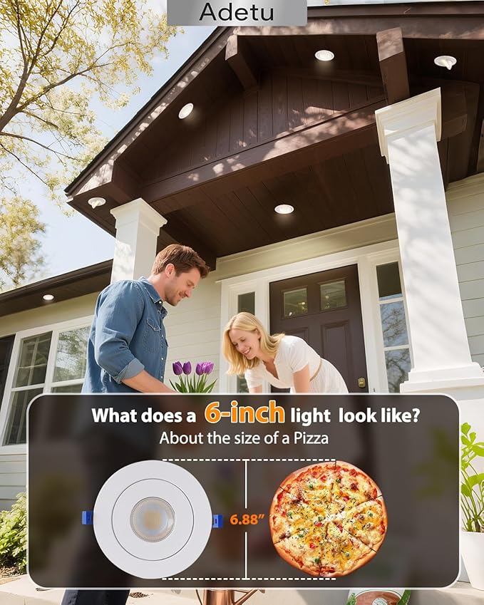 Adetu Recessed Lighting 6 inch, 360°+90° Adjustable Directional 6 inch Gimbal Led Recessed Light, 2700K-5000K 5CCT Dimmable Retrofit Eyeball Can Recessed Lights with Jbox, ET (White-12 Pack)