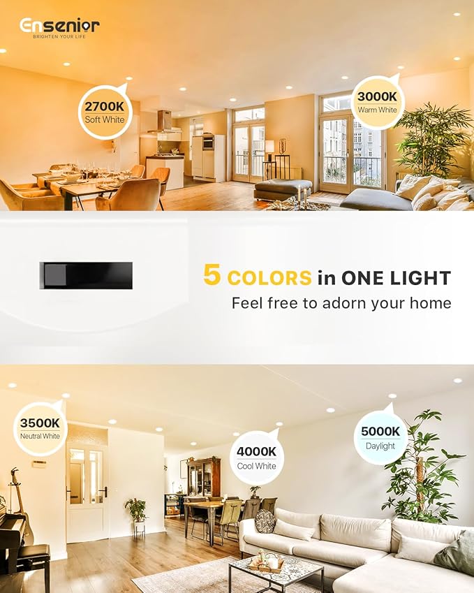 Ensenior 4 Inch LED Recessed Lighting 24 Pack, Dimmable Flat LED Can Lights, 5CCT Adjustable Color Temperature (2700K-5000K), 7W=77W 700LM, IC & Damp Rated, FCC