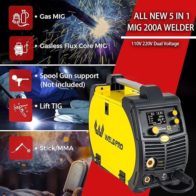 Weldpro 200 Amp MIG210LCD Dual Voltage 110V/220V 5 in 1 Multi-Process MIG/Fluxcore/Lift TIG/MMA Welder Aluminum Spool Gun Capable with Spot Timer and Auto-Set 3 Year Warranty Welding Machine