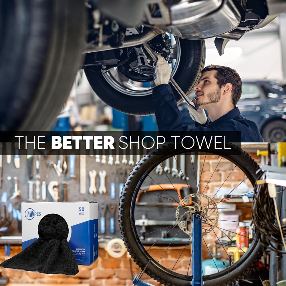 Black Microfiber Shop Towels | MWipes Reusable Shop Rags | 50 Rags in a Box | Super Absorbent, Machine Washable Hundreds of Times | Automotive, Paint, Industrial, Detailing