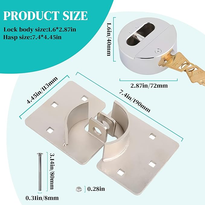 2 Pack Van Door Lock, 73MM Heavy Duty Solid Steel Hidden Shackle Padlock and Hasp Set Keyed Different, with 4pcs Keys and 80mm Screws for Vans, Trucks, Gates, Trailer