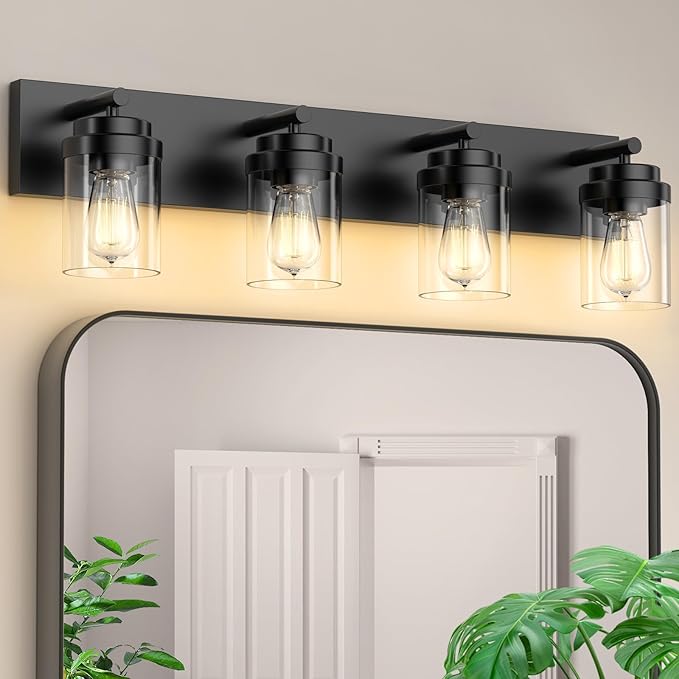IZORRO Bathroom Vanity Light Fixture, 4-Light 27.5 Inch Matte Black Bathroom Light Fixtures Over Mirror, with Clear Glass Shade, Modern Farmhouse Vanity Lights, Rustic Restroom Lighting Fixtures