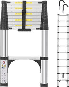 Telescoping Ladders 10.5 FT Aluminum Ladder - One-Button Retraction Collapsible Extension Ladder for Home,RV,Attic & Loft, Lasts 330 LBS with 2 Triangle Stabilizers and 2 Detachable Hooks