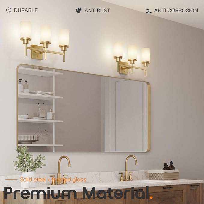 Bathrom Light Fixtures Modern Gold 3 Vanity Lights Over Mirror, Wall Lamps with White Frosted Glass Shade for Toilet Washroom Bath T001GD-L3