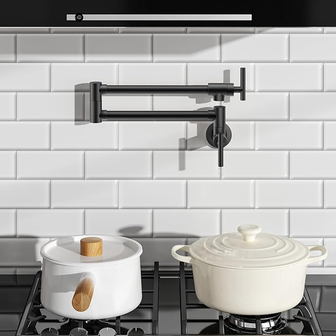 FORIOUS Black Pot Filler Faucet Over Stove, Solid Brass Modern Wall Mount Commercial Folding Faucet with Stretchable Double Joint Swing Arms for Kitchen Restaurant