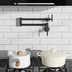 FORIOUS Black Pot Filler Faucet Over Stove, Solid Brass Modern Wall Mount Commercial Folding Faucet with Stretchable Double Joint Swing Arms for Kitchen Restaurant