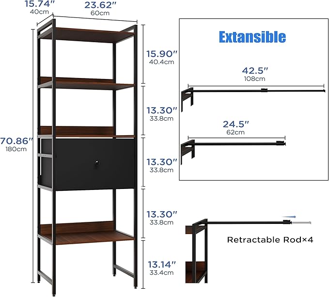 Adjustable Clothes Hanger, 108 Inches Closet System, Walk In Closet Organizer with 4 Shelving Towers, Heavy Duty Clothes Rack with Drawer, Industrial Built-In Garment Rack, Entryway Shelf