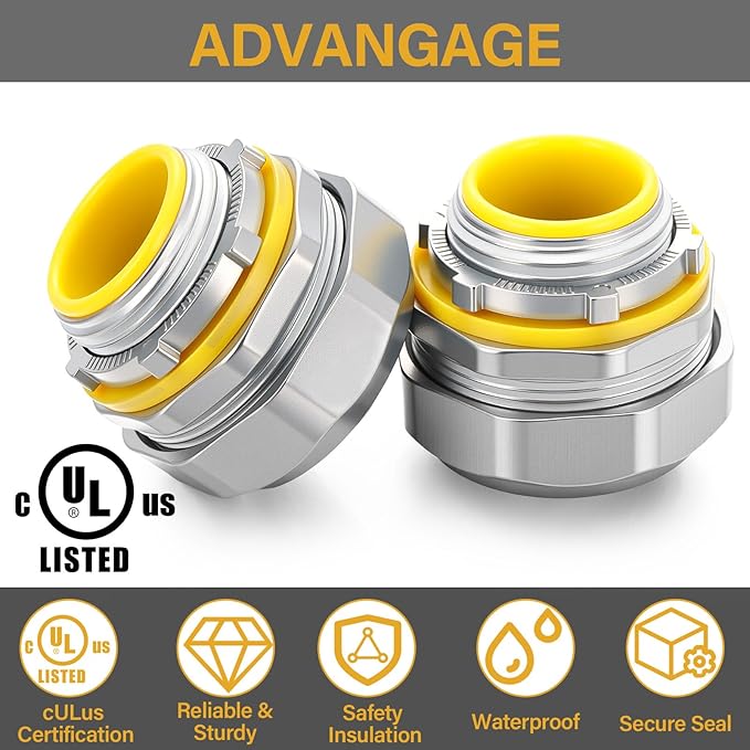 Gisafai 5 pcs Liquid Tight Connector Straight Insulated Zinc Die Cast Metal Tight Electrical Conduit Fittings for 3/4 inch Flexible and Type B Flexible