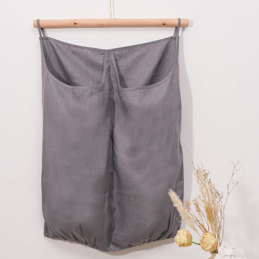 100% Pure Linen Dual Hanging Laundry Bag with 2 Deep Pocket and 2 Side Zipper 20x27in, Over The Door Laundry Hamper Space Saving Hampers for Dirty Clothes Home Travel, Grey