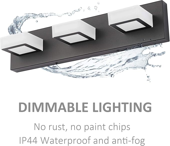 Ralbay 3 Light Dimmable Bathroom Vanity Light LED Modern Matte Black Vanity Wall Light Acrylic Stainless Steel Bathroom Vanity Lighting Fixtures