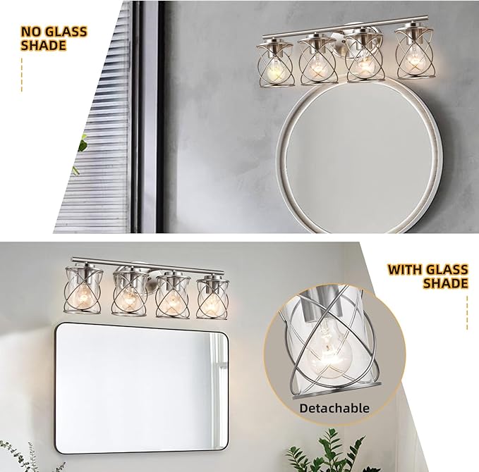 4-Lights Bathroom Light Fixtures, Brushed Nickel Modern Vanity Light Over Mirror, Bathroom Wall Lamp for Mirror Kitchen Living Room Hallway Porch, Farmhouse Wall Lights with Clear Glass Cage Shade
