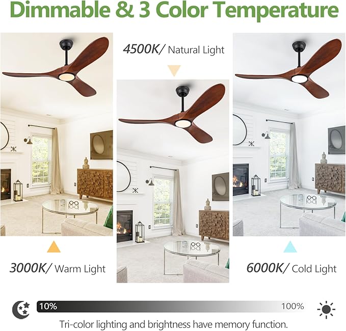 52 Inch Solid Wood Ceiling Fans with Lights 3CCT Dimmable Outdoor Ceiling Fan with Light and Remote Modern 3 Blades Propeller Ceiling Fans DC Motor for Patios Indoor Bedroom, Dark Walnut