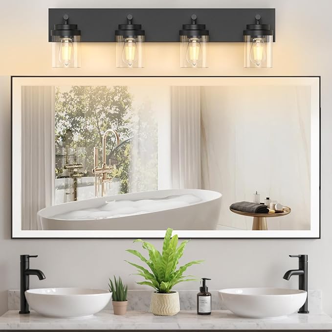 Bathroom Vanity Light Fixture with Clear Glass Shade, 4-Light Matte Black Bathroom Light Fixtures Over Mirror, Modern Vanity Lighting Fixtures for Bathroom/Living Room/Bedroom, E26 lamp Holder